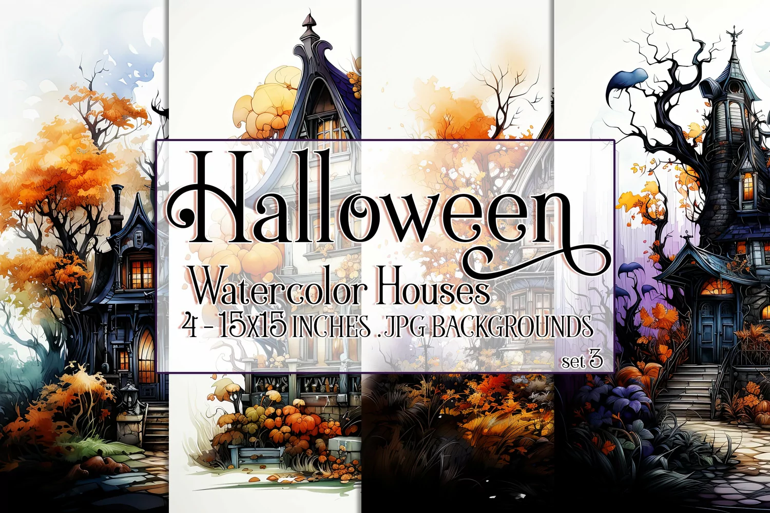 Halloween Backgrounds, 15x15 Watercolor Halloween Houses, s3 product image 1