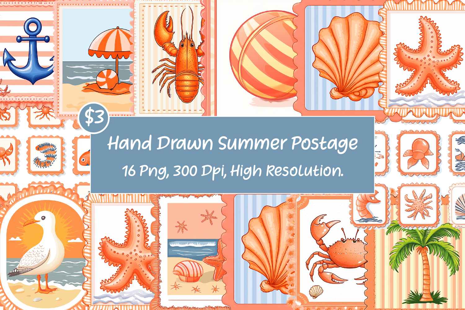 Hand Drawn Summer Postage Stamp Clipart product image 1