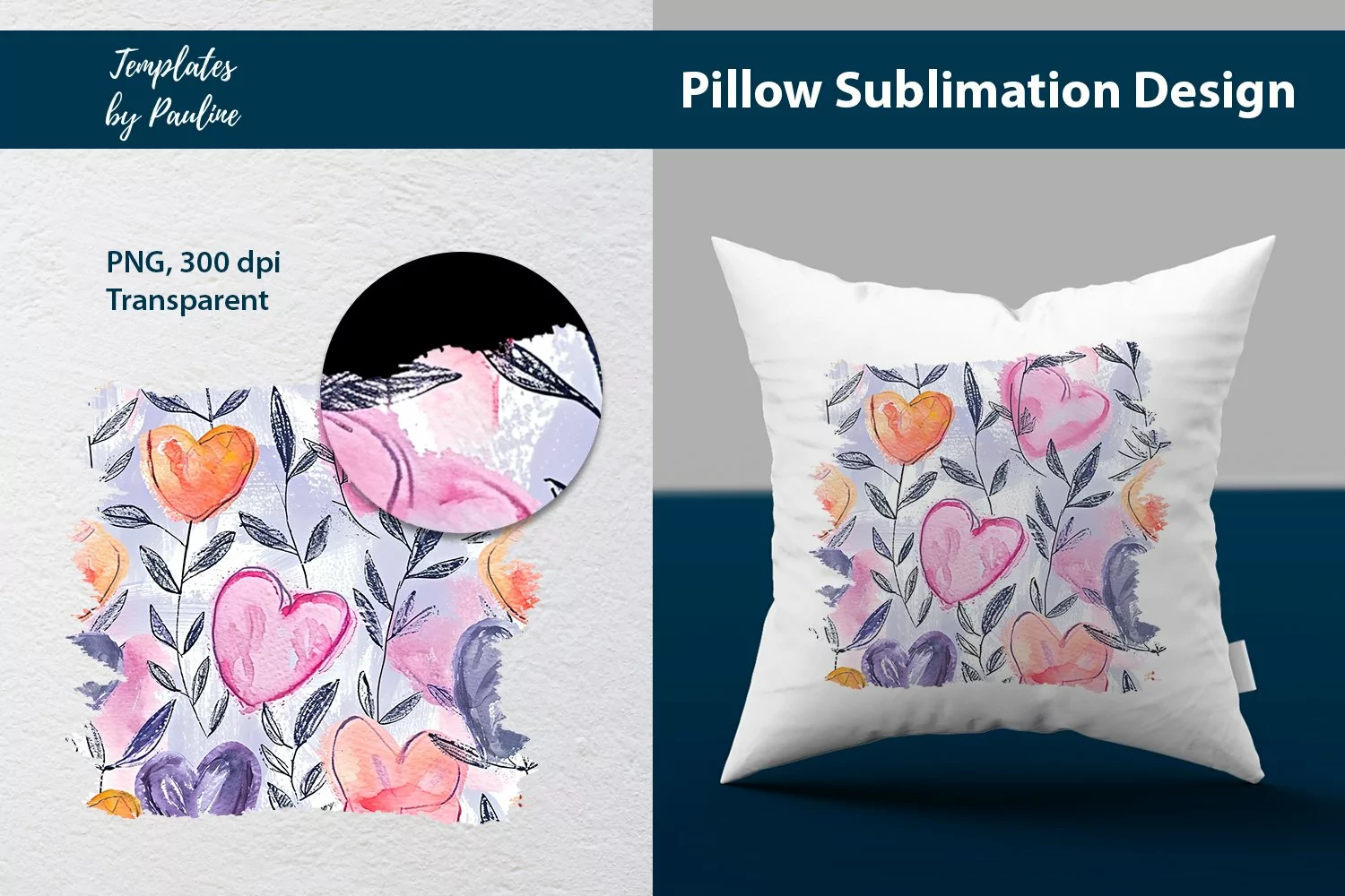 Hand-drawn watercolor hearts with leaves Pillow Cover printable background