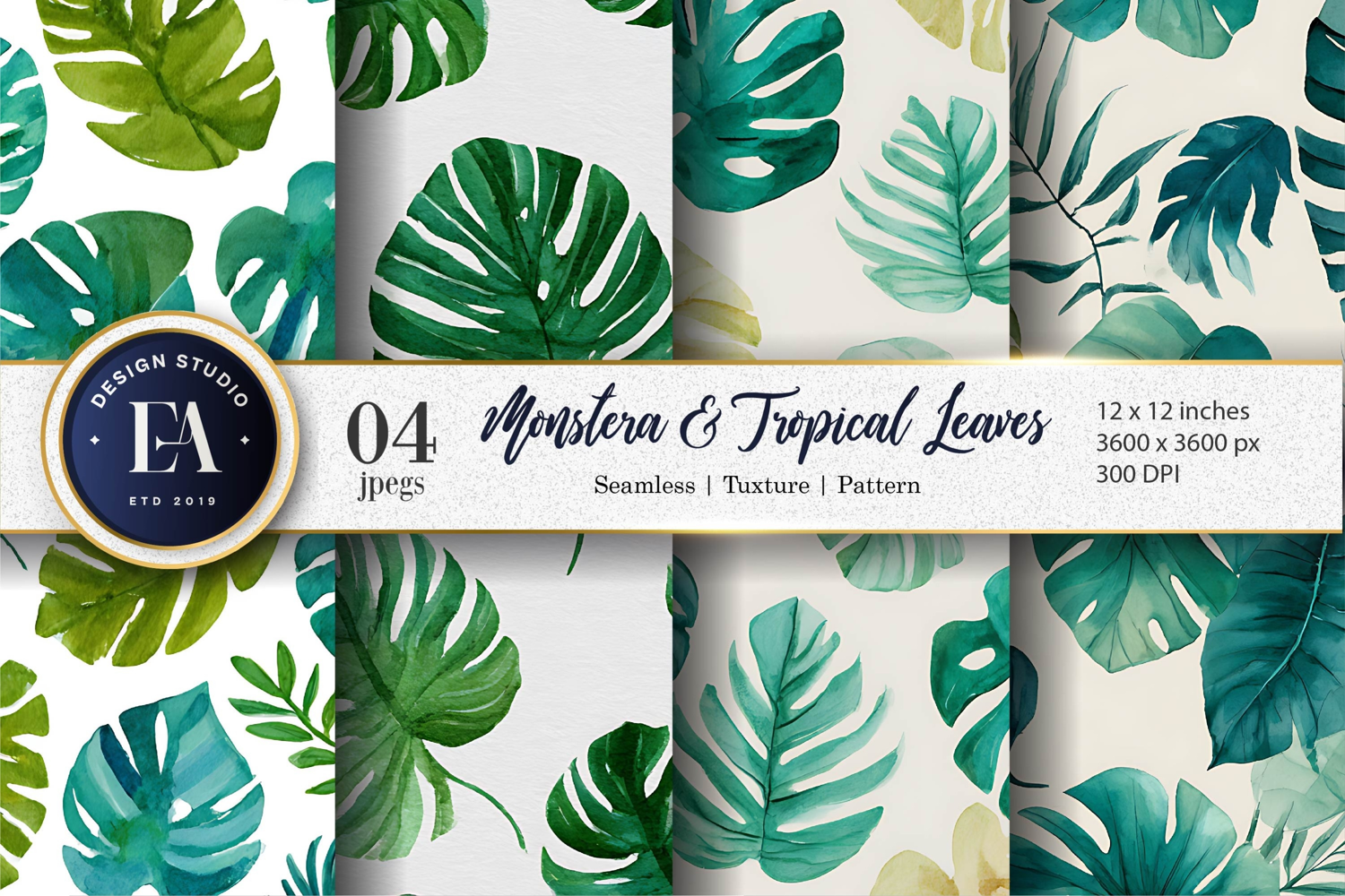 Palm and Monstera Leaves Seamless Background Digital Paper product image 1