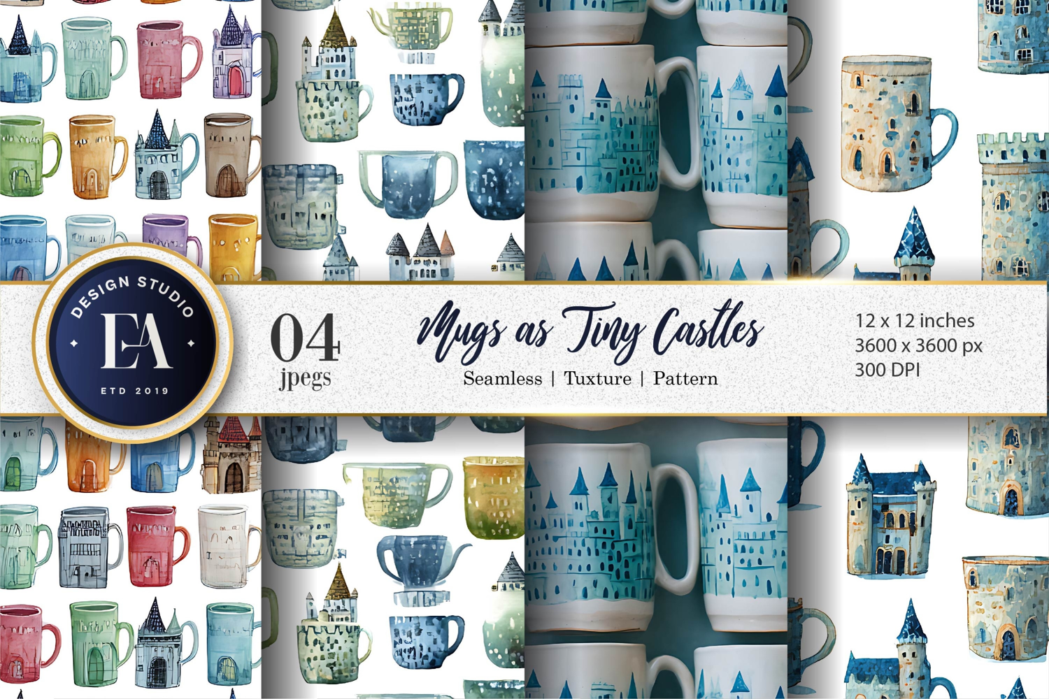 Watercolor Mugs Shaped as Tiny Castles Digital Paper product image 1
