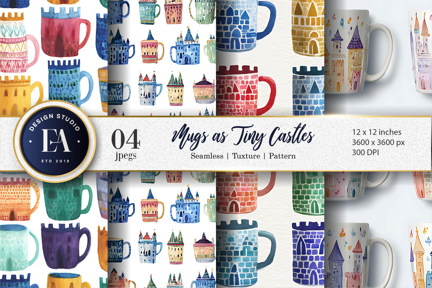 Watercolor Mugs Shaped as Tiny Castles Digital Paper product image 1