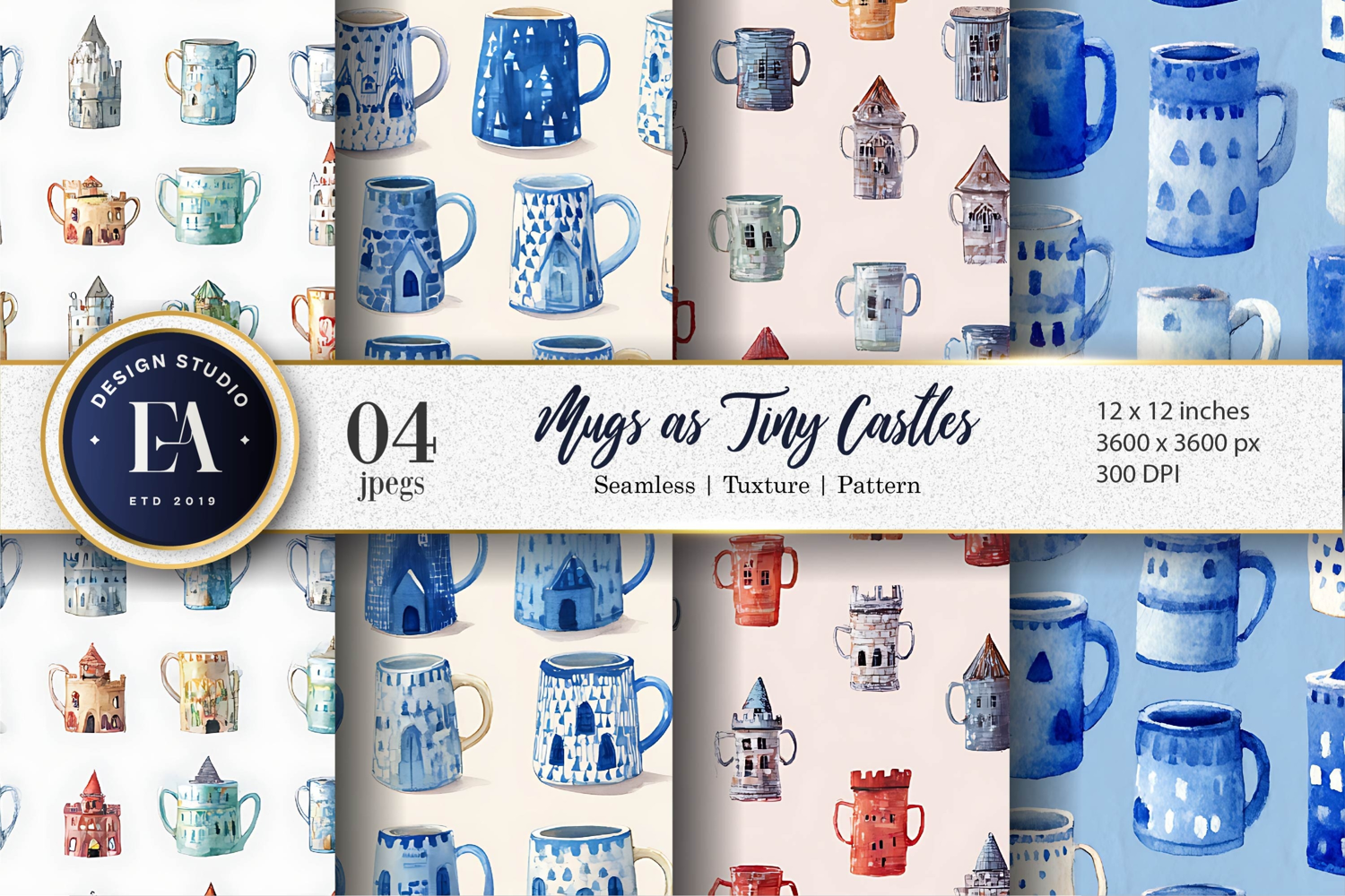 Watercolor Castle Mugs Seamless Pattern Digital Paper product image 1