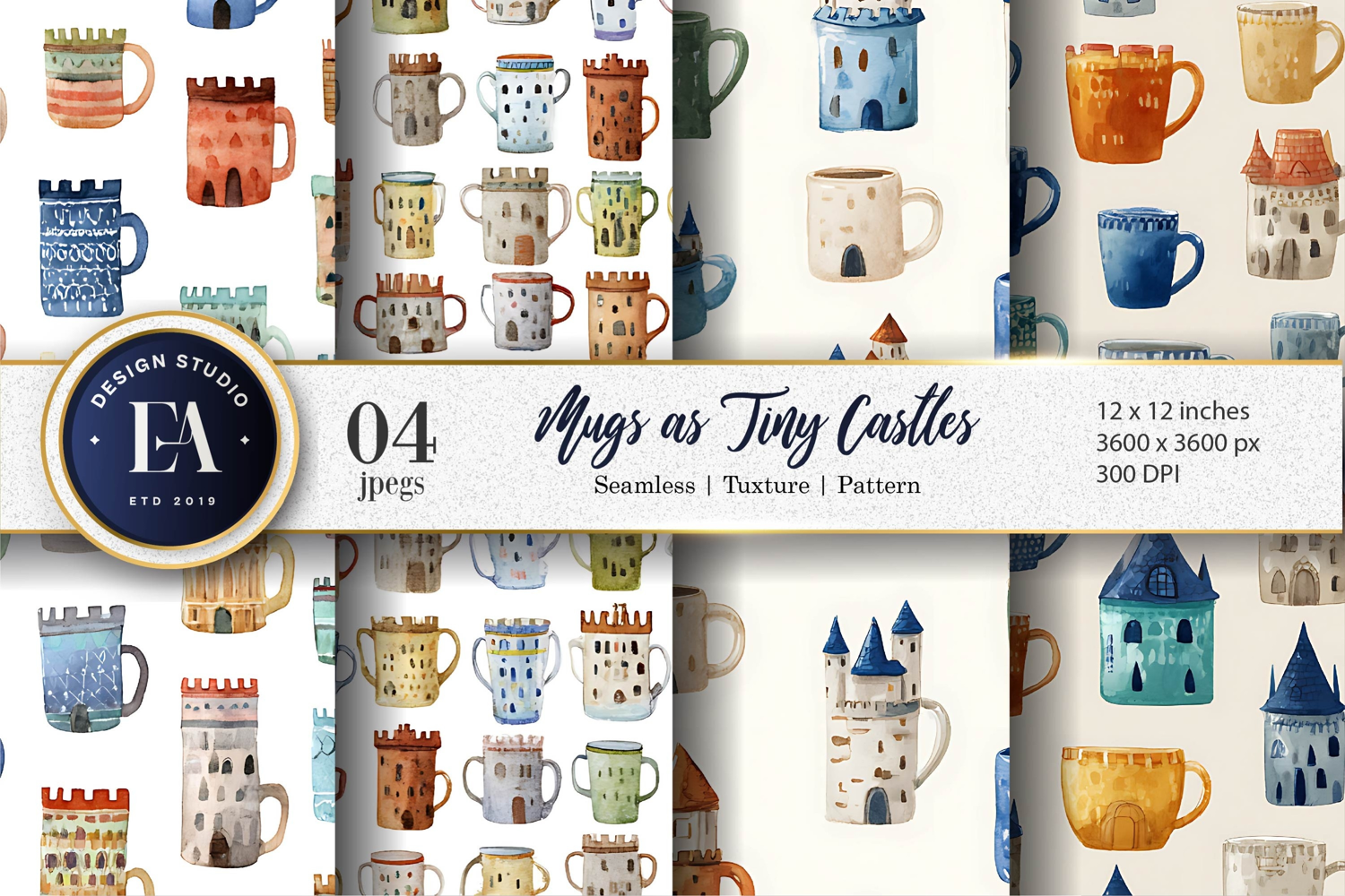 Tiny Castle-Shaped Watercolor Mugs Seamless Digital Paper product image 1