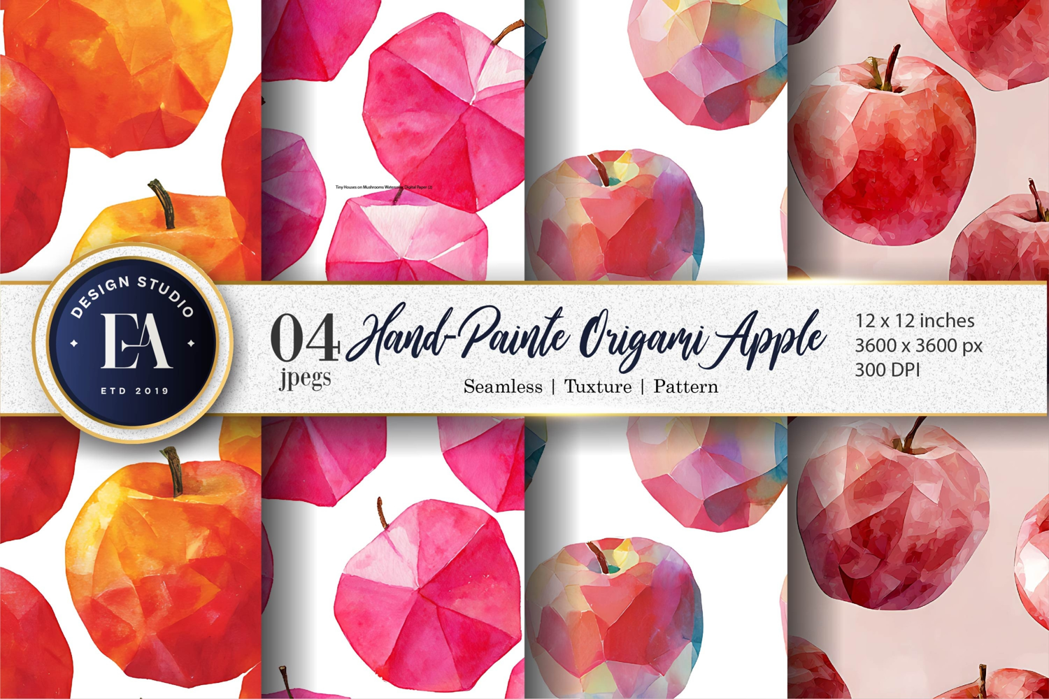 Origami Apples Hand-Painted Watercolor Seamles Digital Paper product image 1