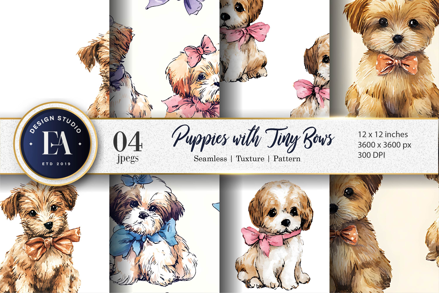 Puppies Wearing Bows Watercolor Seamless Digital Paper product image 1