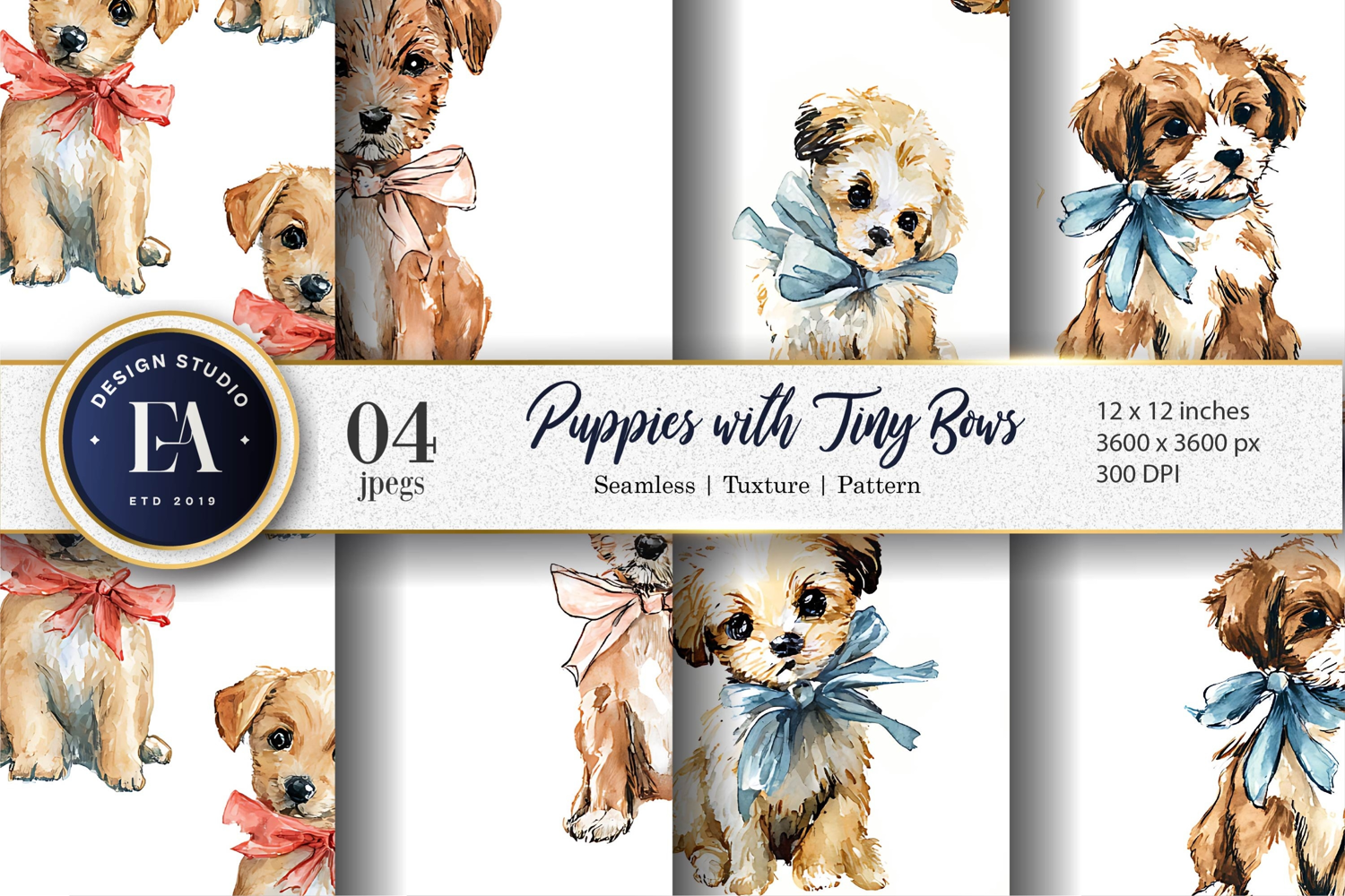 Tiny Bows Watercolor Hand Painted Puppies Digital Paper product image 1