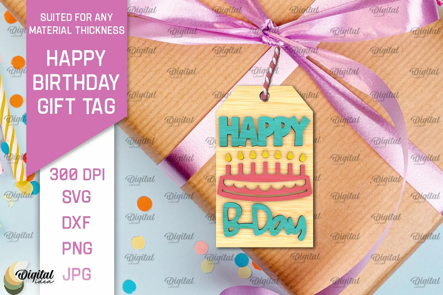 3D Happy Birthday Gift Tag Lasercut. Present label SVG product image 1