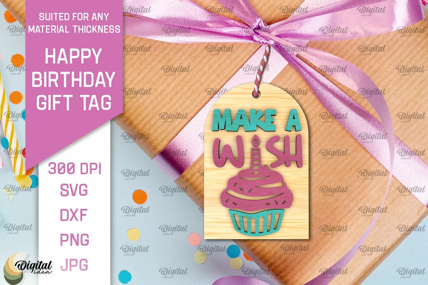 3D Happy Birthday Gift Tag Lasercut. Make a wish SVG product image 1