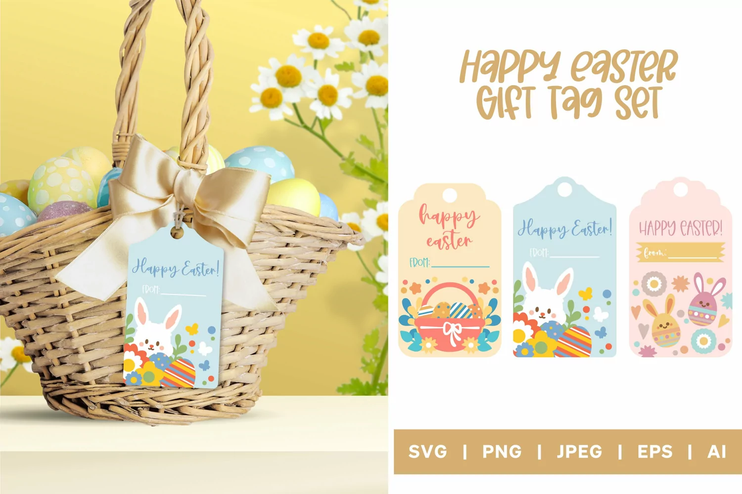 Happy Easter Gift Tag Set with Rabbit, Eggs and Pastel Color product image 1
