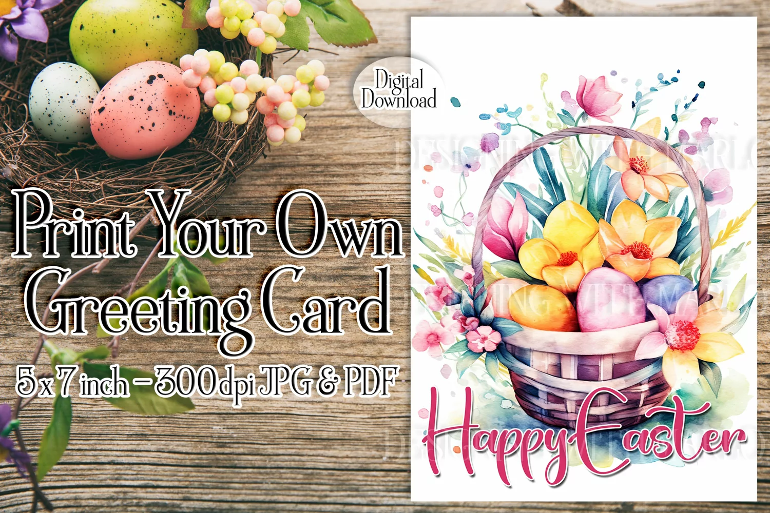 Easter Card, Happy Easter Basket Printable Greeting Card, d2 product image 1