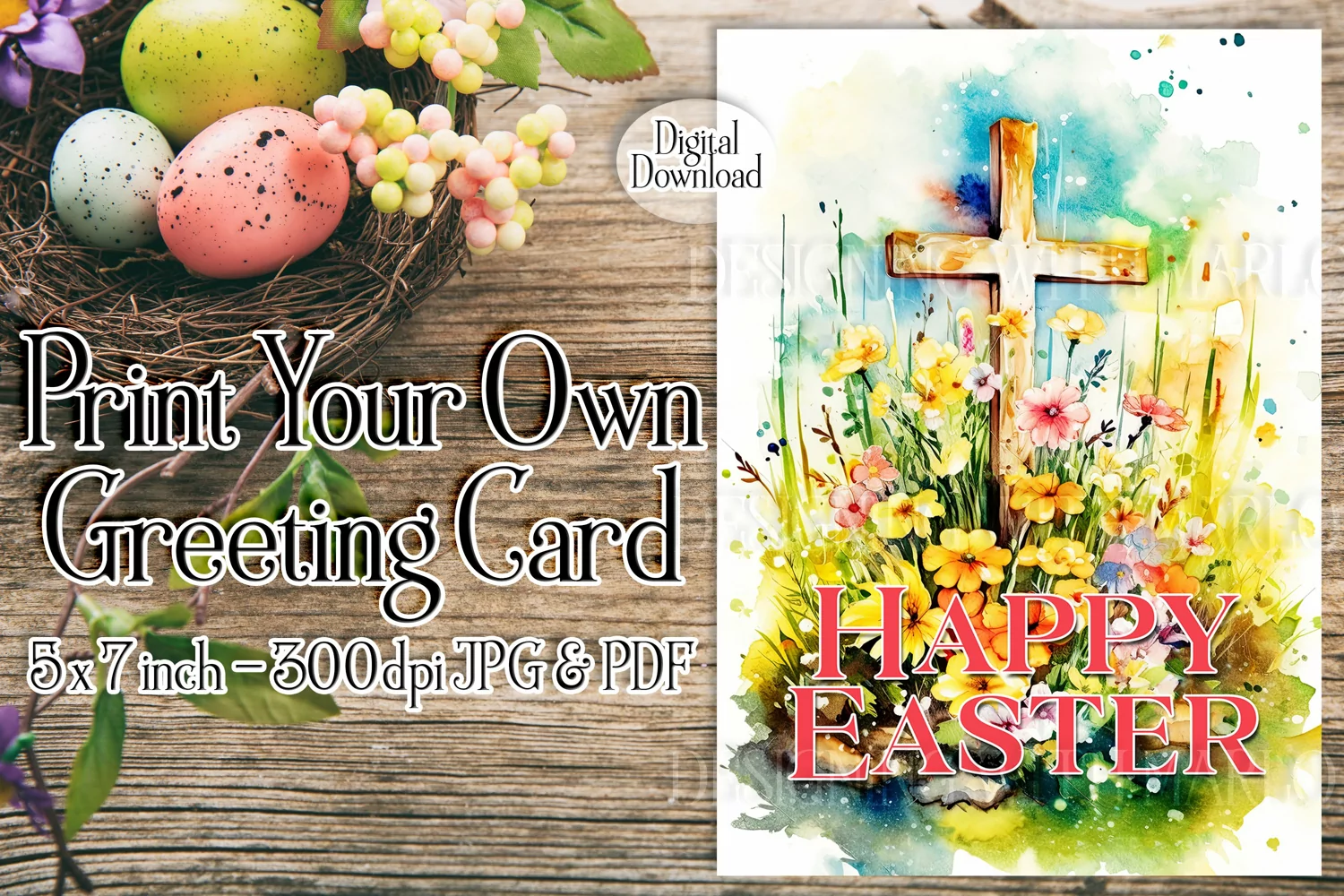 Easter Card, Happy Easter Cross Printable Greeting Card, d1 product image 1