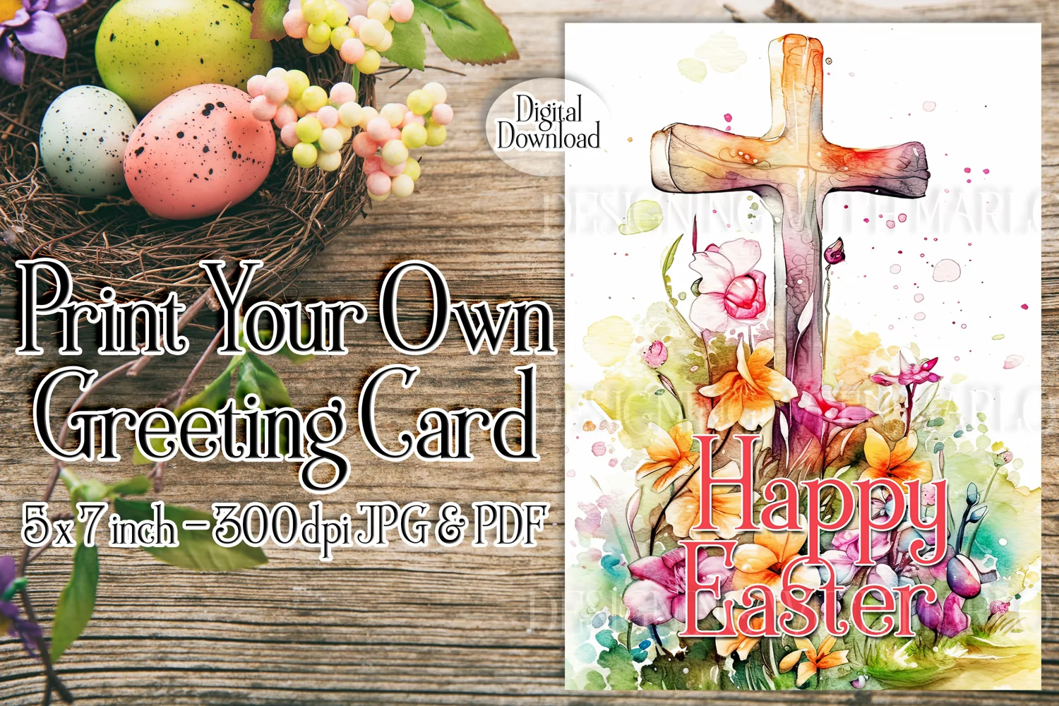 Easter Card, Happy Easter Cross Printable Greeting Card, d2 product image 1