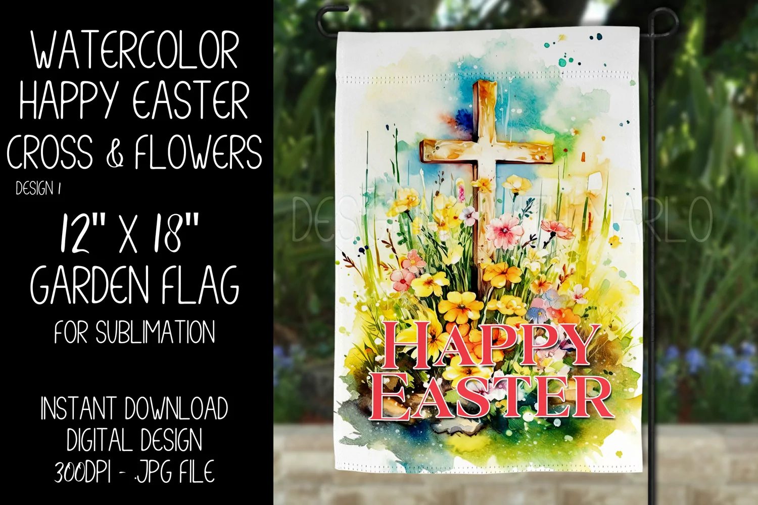 Watercolor Happy Easter Cross Flowers Garden Flag Design 1 product image 1