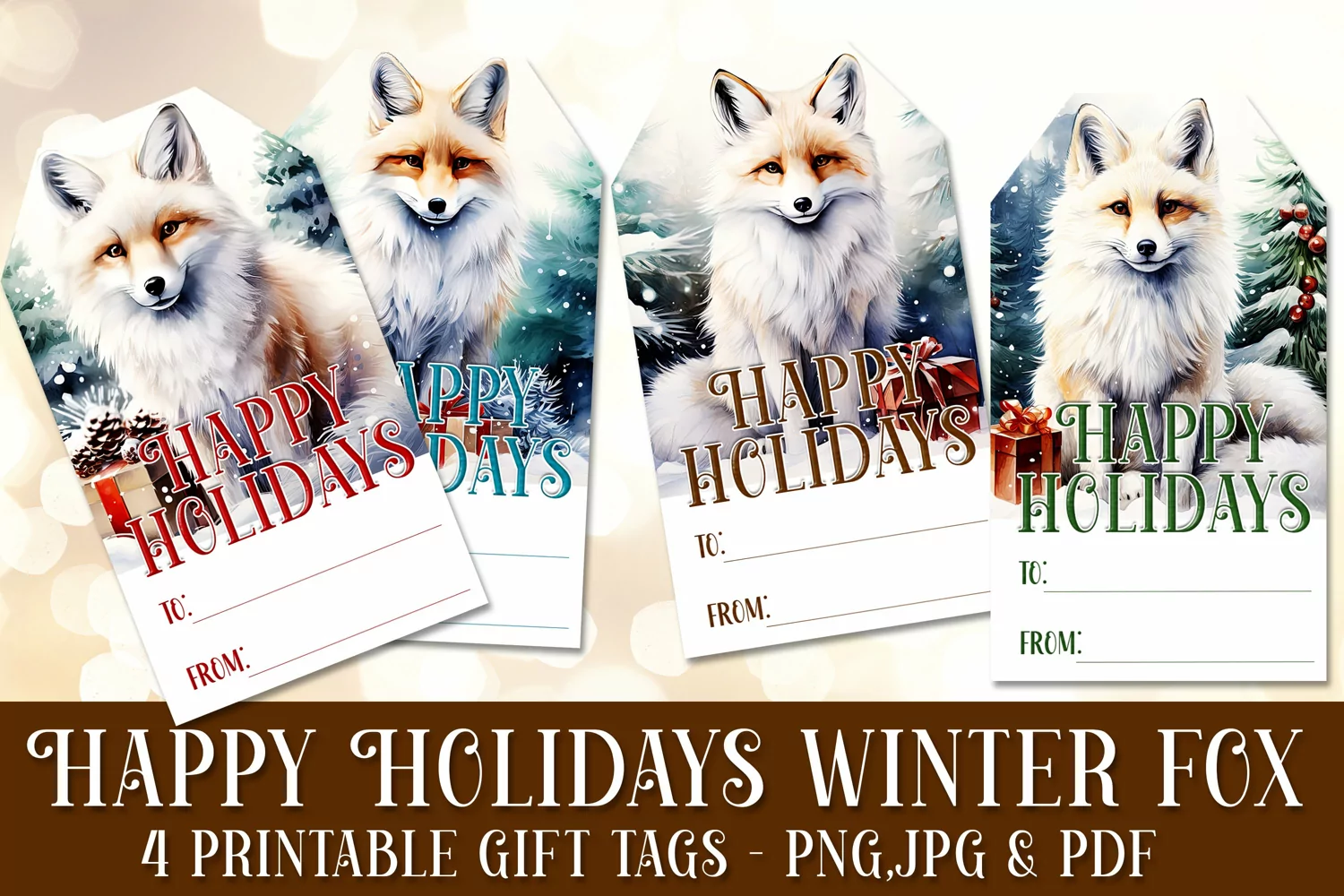 Happy Holidays - Winter Fox Gift Tags & Sheet, Printable product image 1