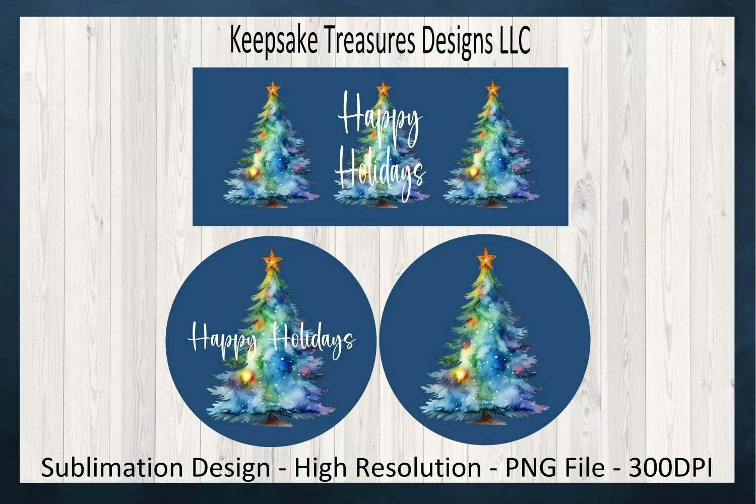 Happy Holidays Christmas Tree 11oz Mug Wrap and Coasters PNG Dark Blue Background