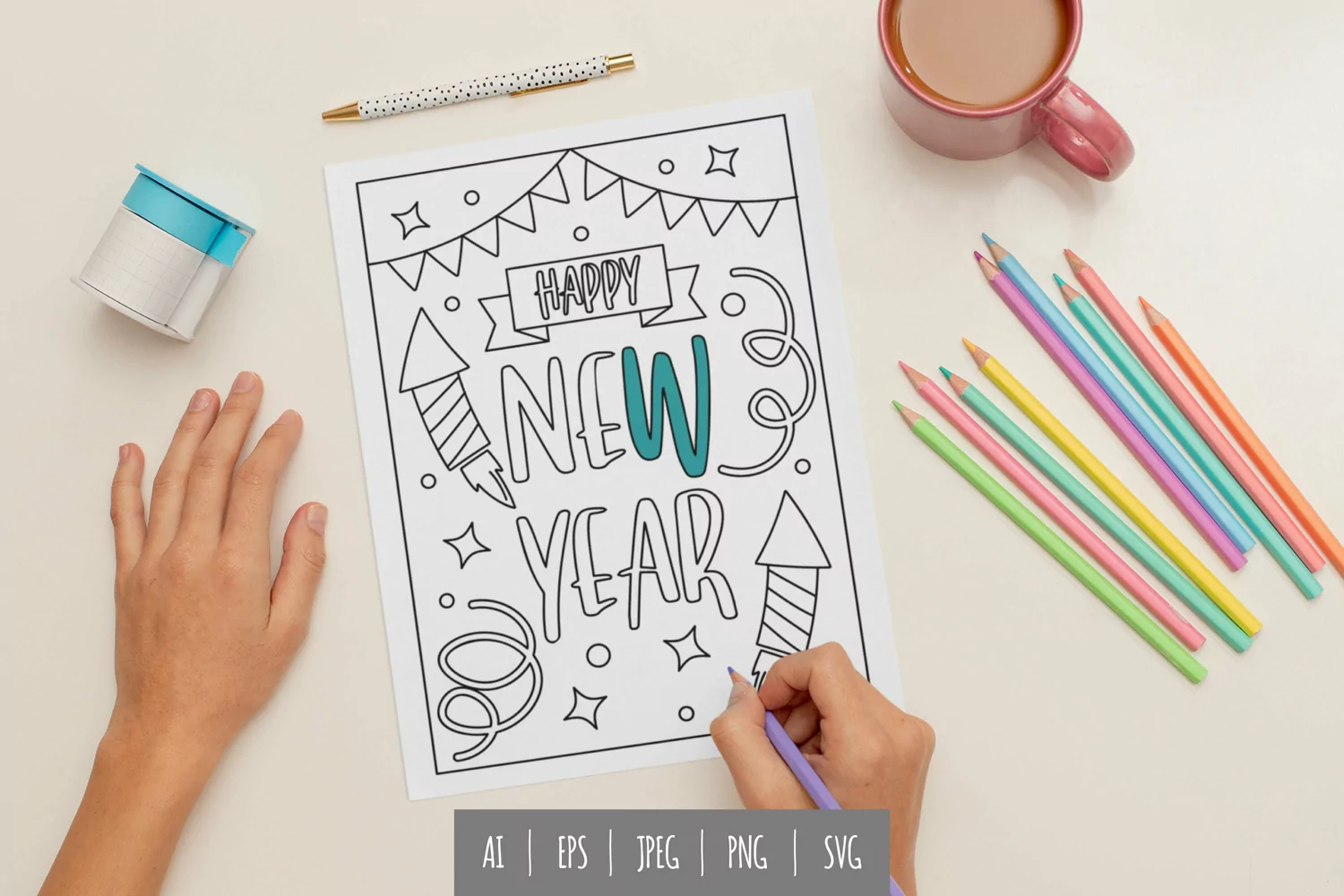 Happy New Year Coloring Page for Kids product image 1