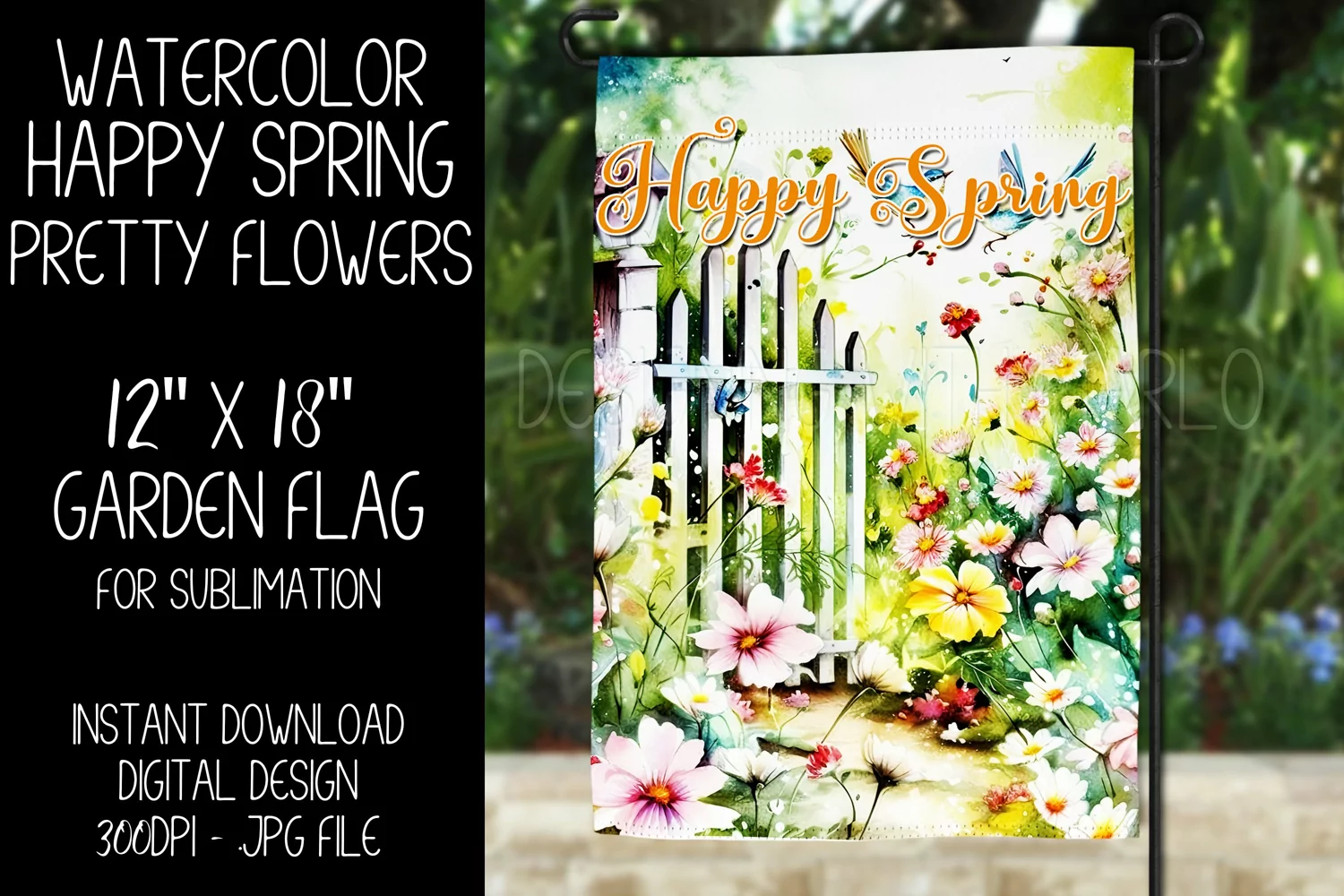 Happy Spring Garden Flag Sublimation Design, Pretty Flowers product image 1