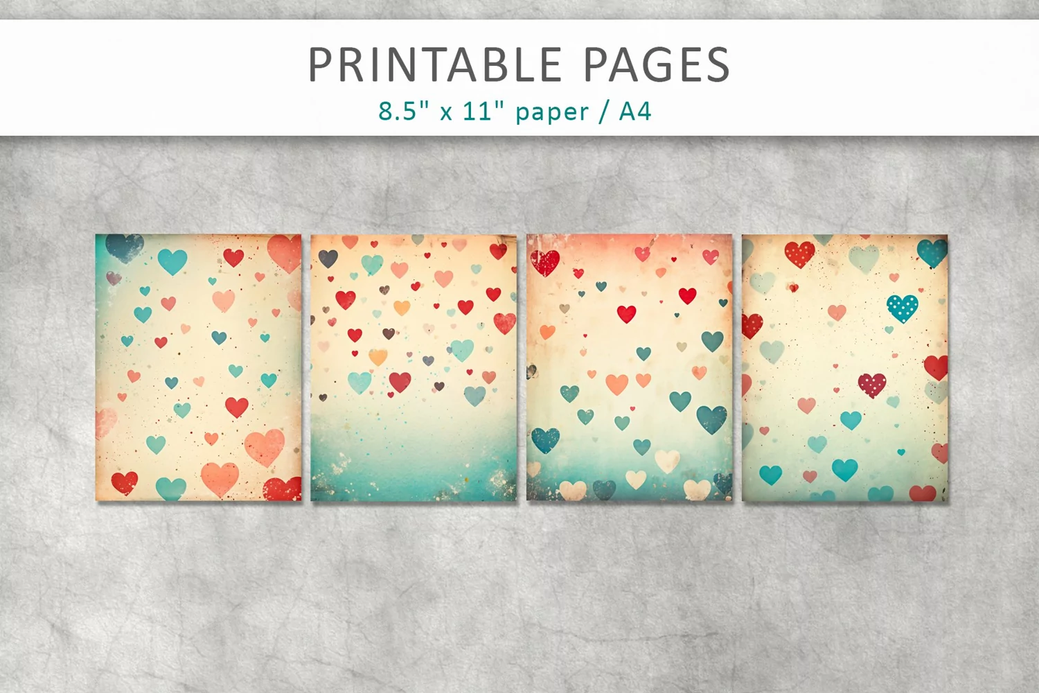 Old paper heart printables, junk journal pages product image 1