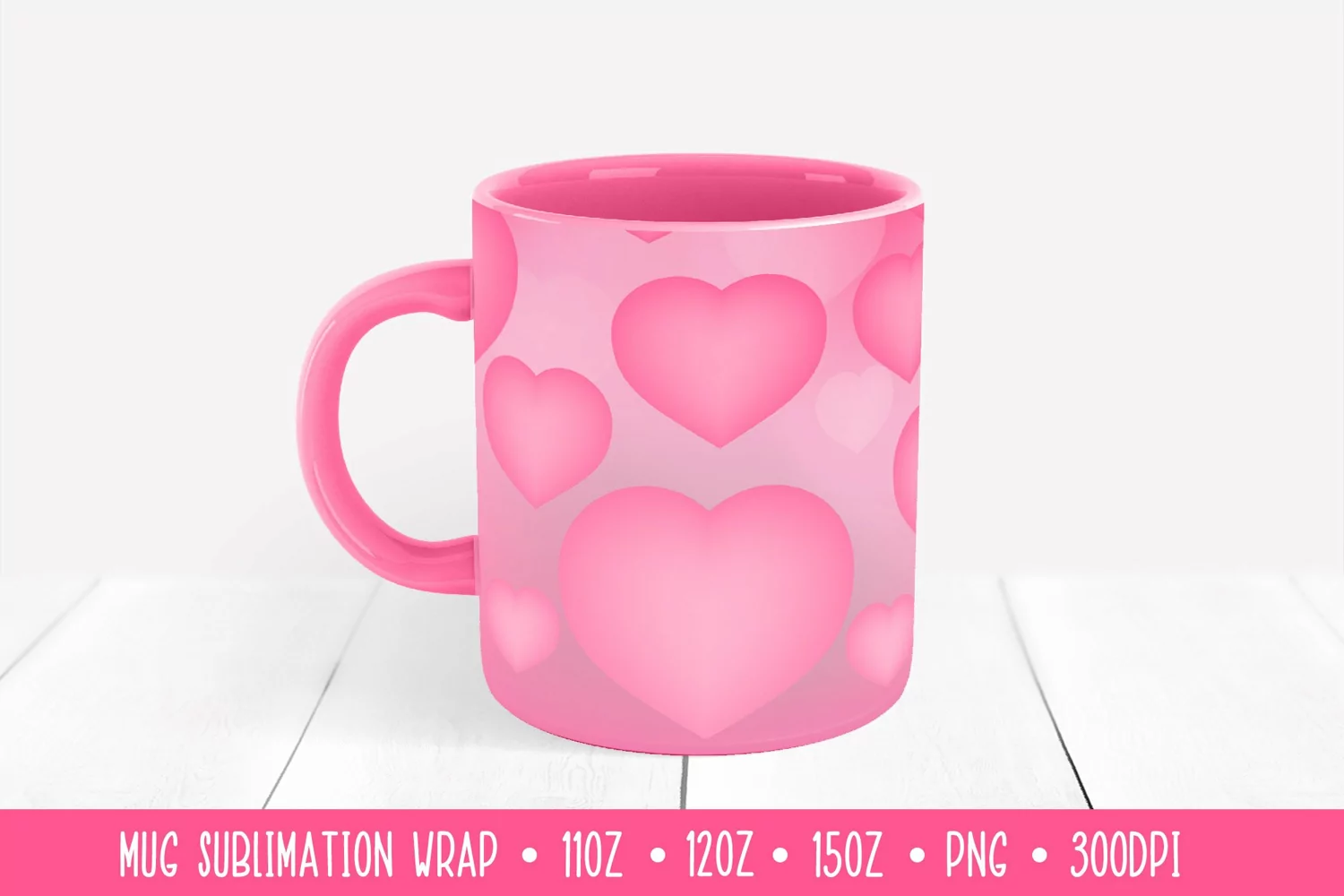 Soft Pink Hearts Mug Sublimation Design. Romantic Mug Wrap product image 1