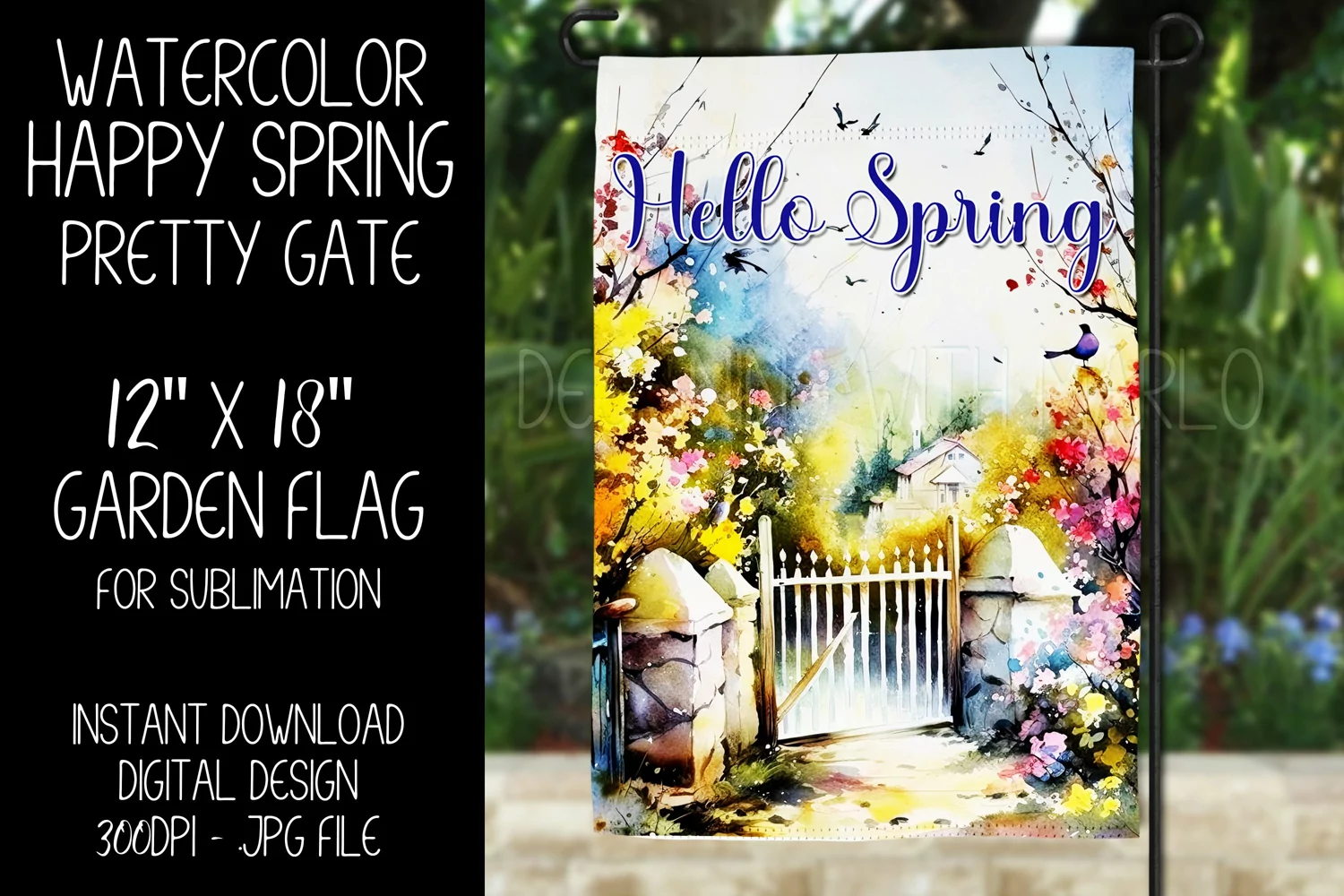Hello Spring Garden Flag Sublimation Design, Pretty Gate d4 product image 1