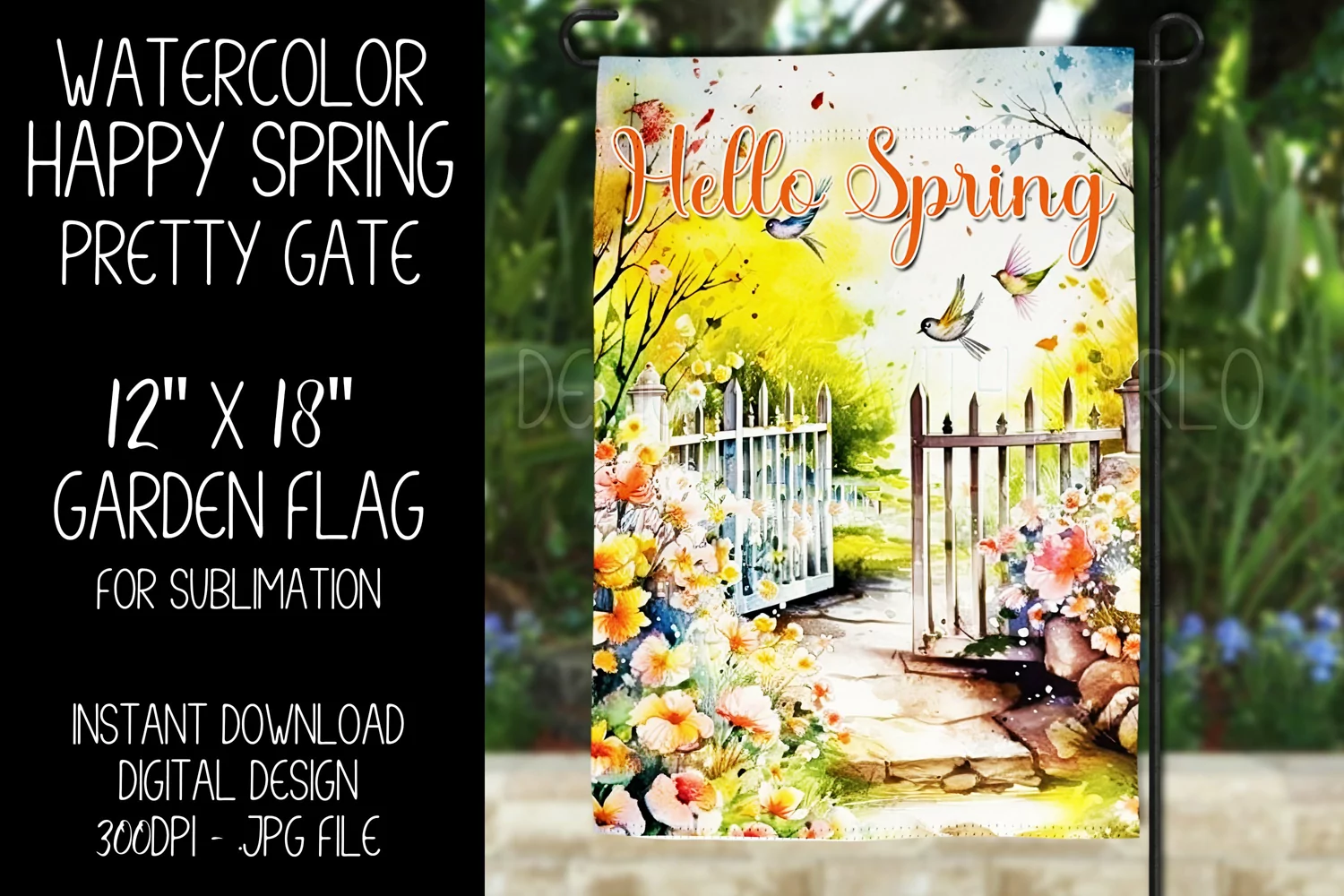Hello Spring Garden Flag Sublimation Design, Pretty Gate d5 product image 1