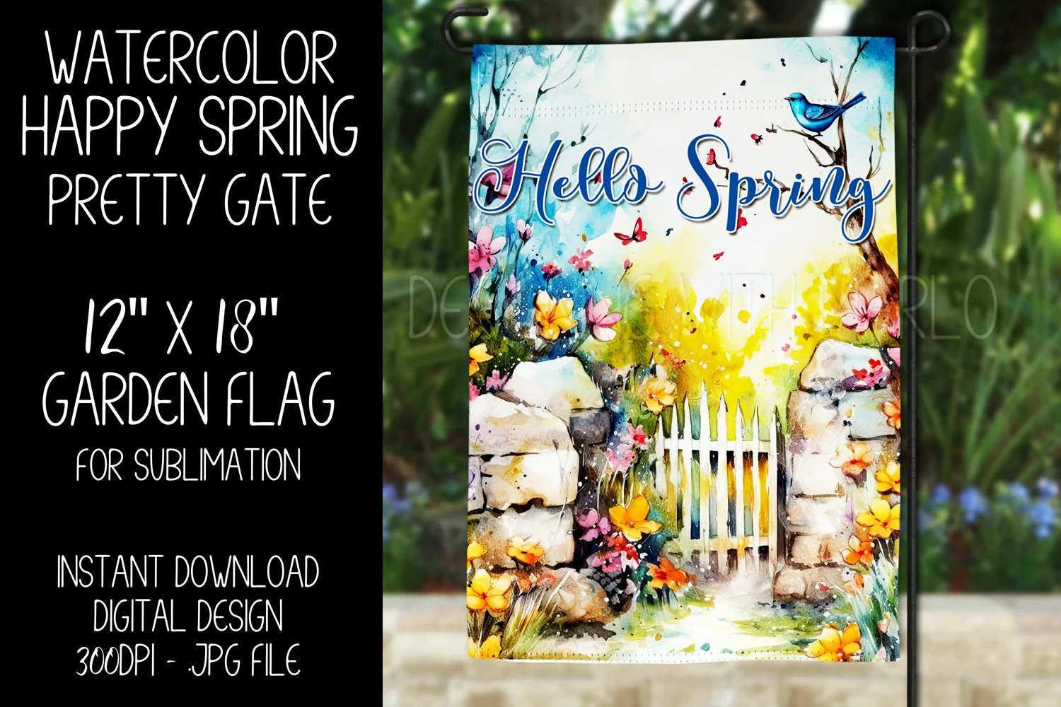 Hello Spring Garden Flag Sublimation Design, Pretty Gate d6 product image 1