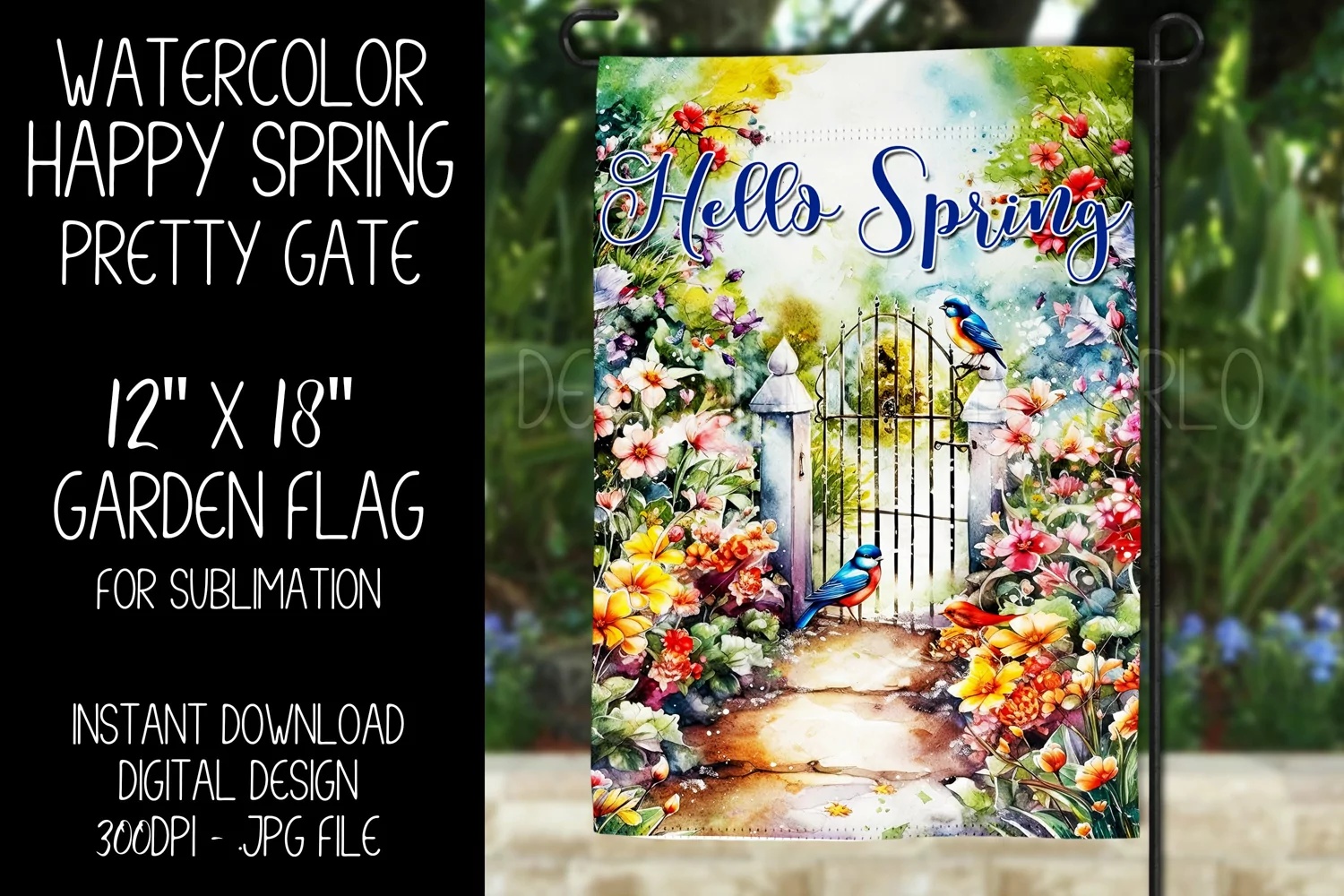 Hello Spring Garden Flag Sublimation Design, Pretty Gate d10 product image 1