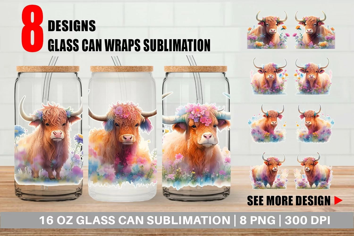 Highland Cow and Floral Glass Can Wraps product image 1