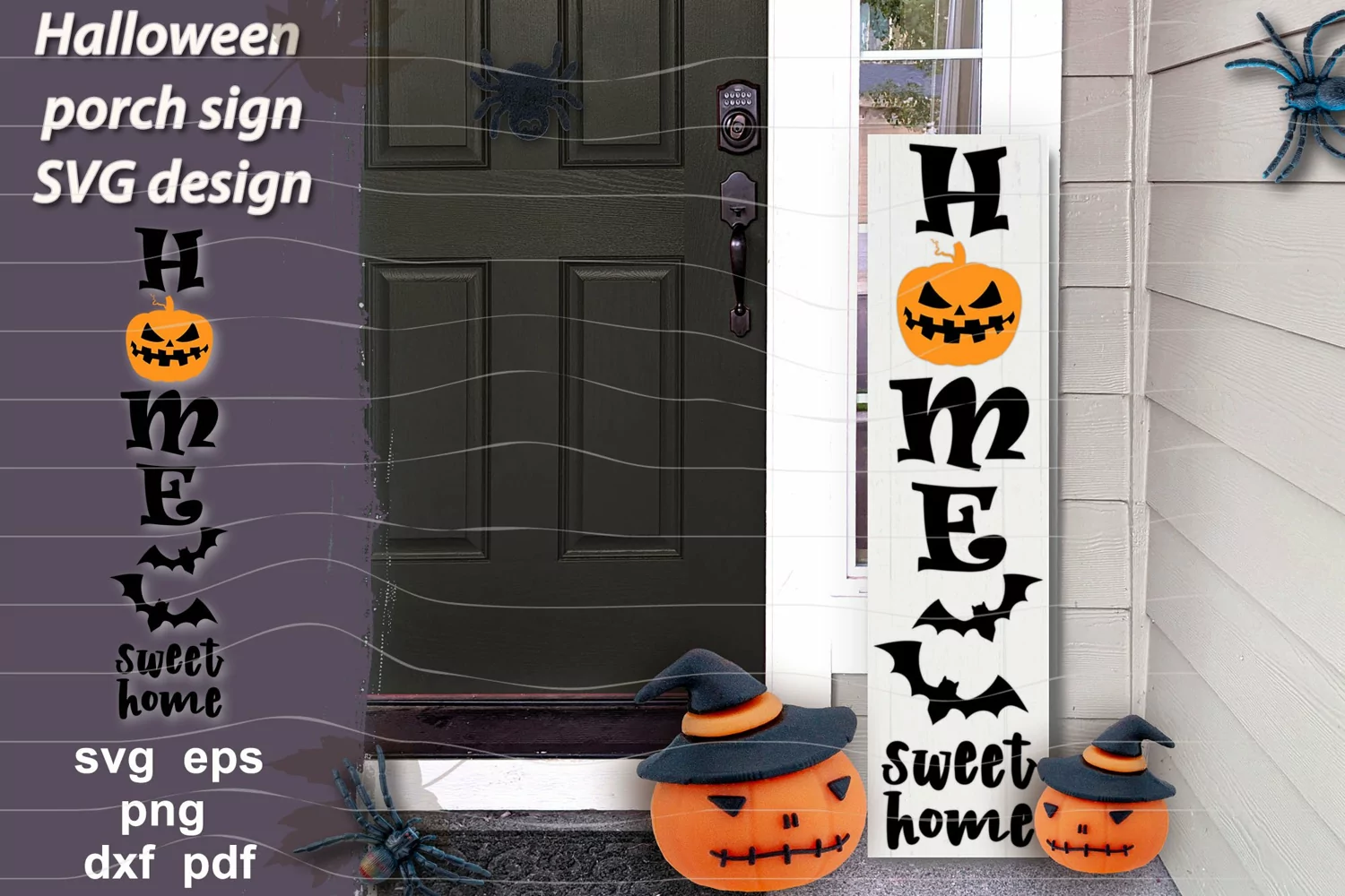 Halloween SVG design with quote Home Sweet Home, scary pumpkin face and flying bats, Perfect idea for fall home decoration, farmhouse porch sign, Outdoor Halloween decoration.
