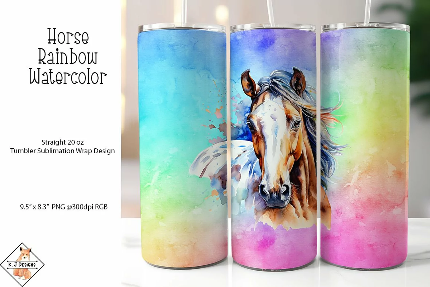 Horse Rainbow Watercolor Sublimation Tumbler Wrap product image 1