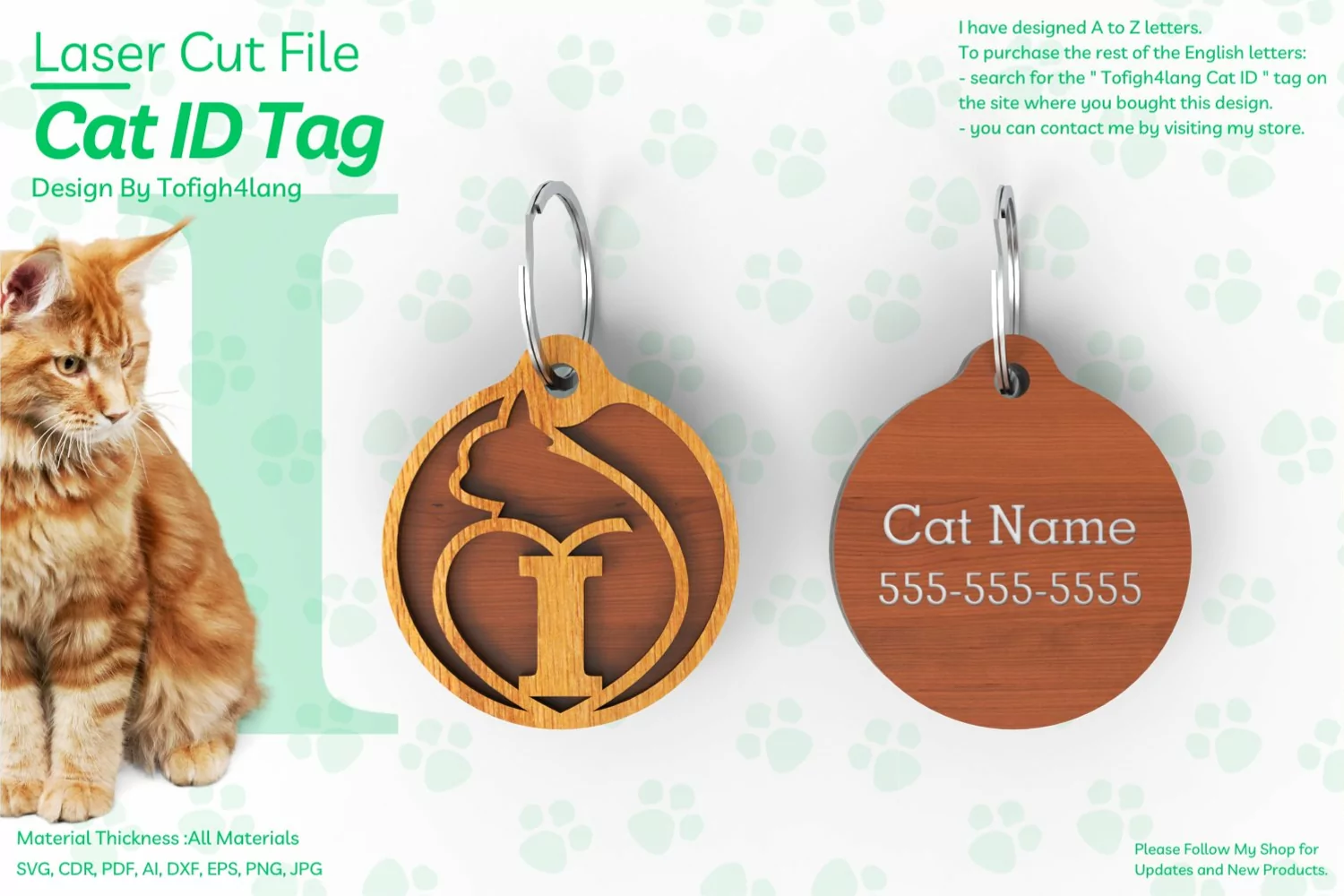 I | Cat ID Tag | Cat ID Tag Slide On Collar| laser cut | SVG product image 1