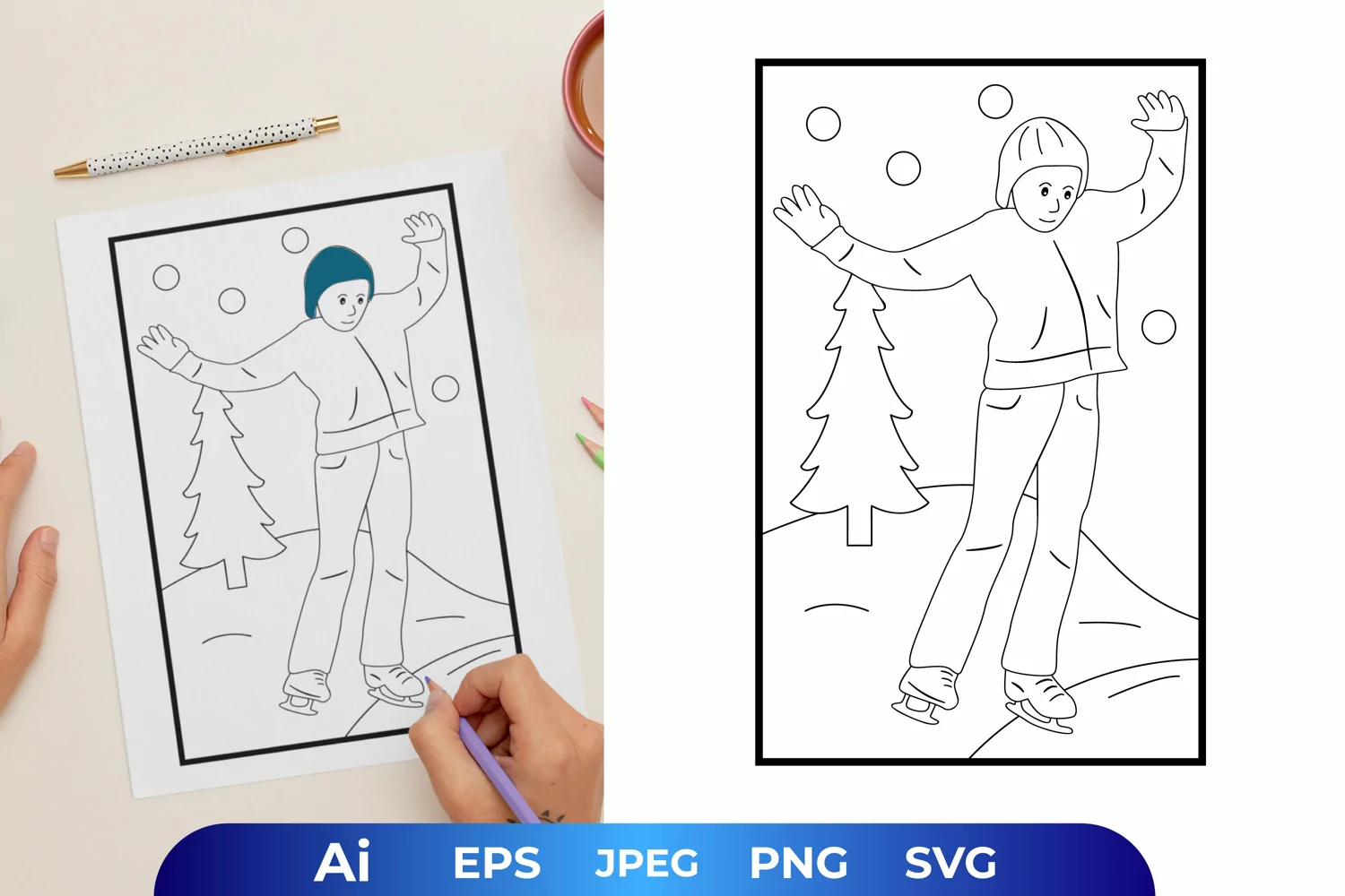 Boy Ice Skating in Winter Coloring Page product image 1
