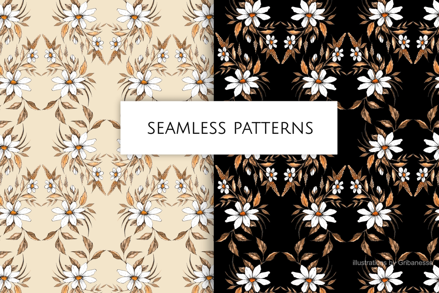 Ink Daisy Watercolor Seamless Patterns product image 1