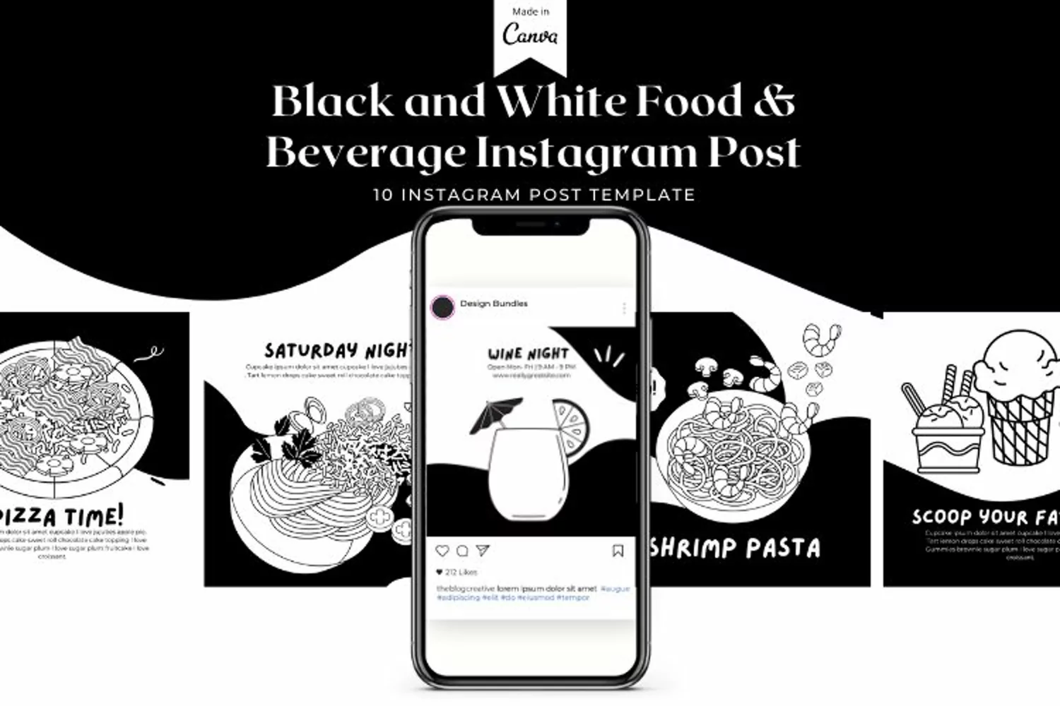 Black and White Food and Beverage Instagram Canva Template product image 1