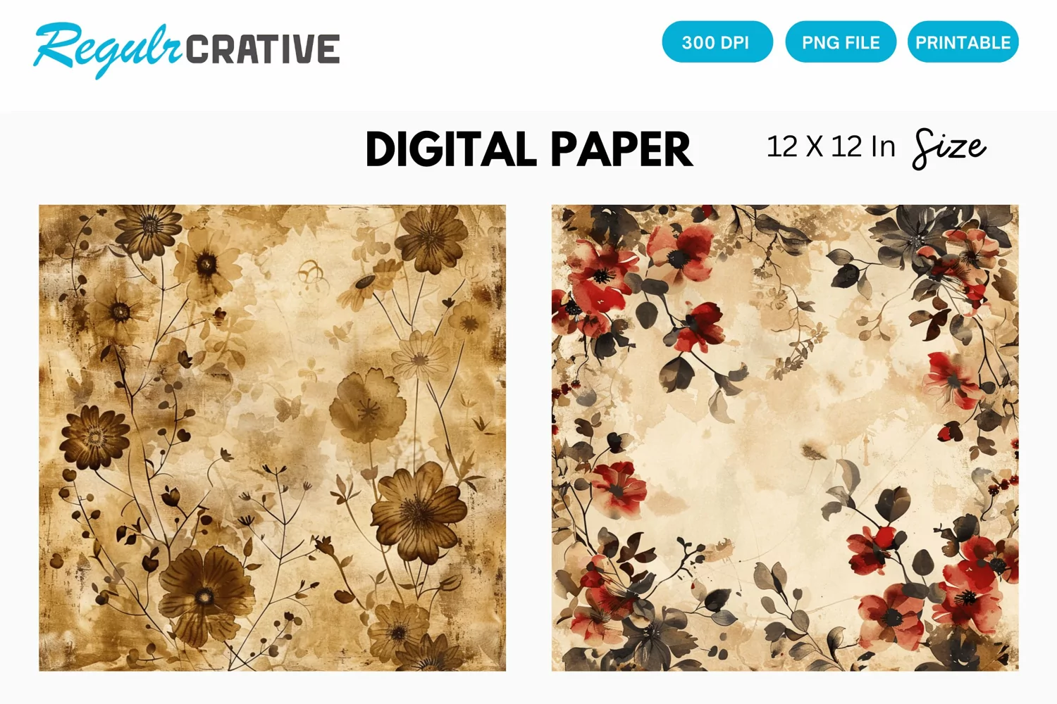 Vintage Watercolor Brown Flower Digital Paper product image 1