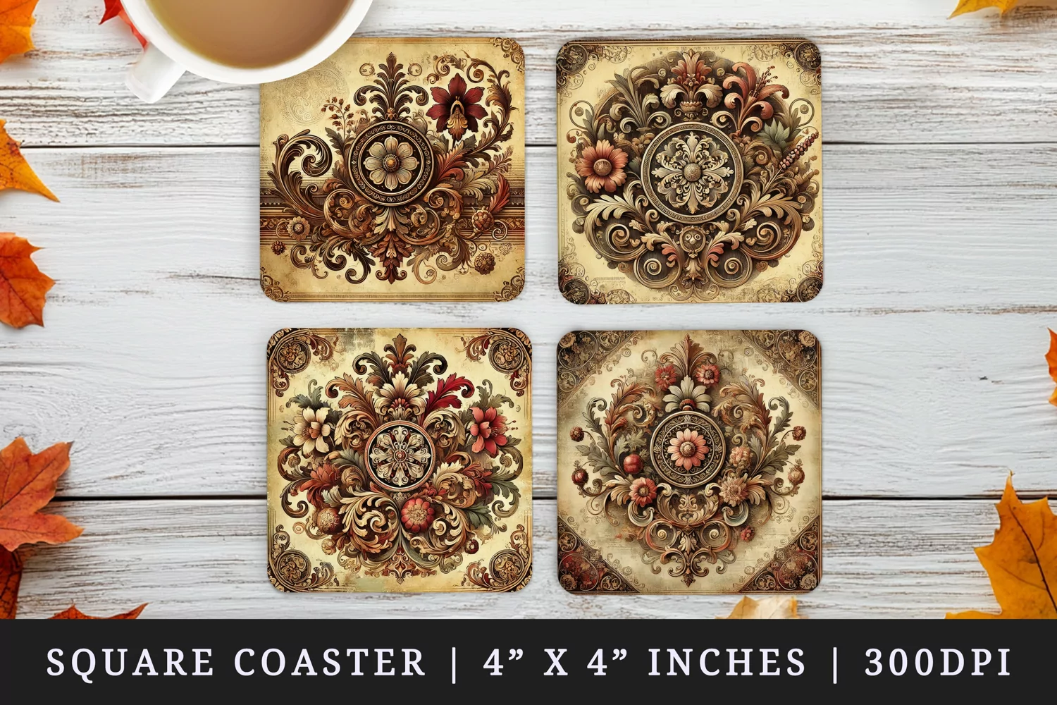 Intricate floral patterns and ornate scrollwork classical Victorian design flowers vintage print square coaster mug coasters sublimation design