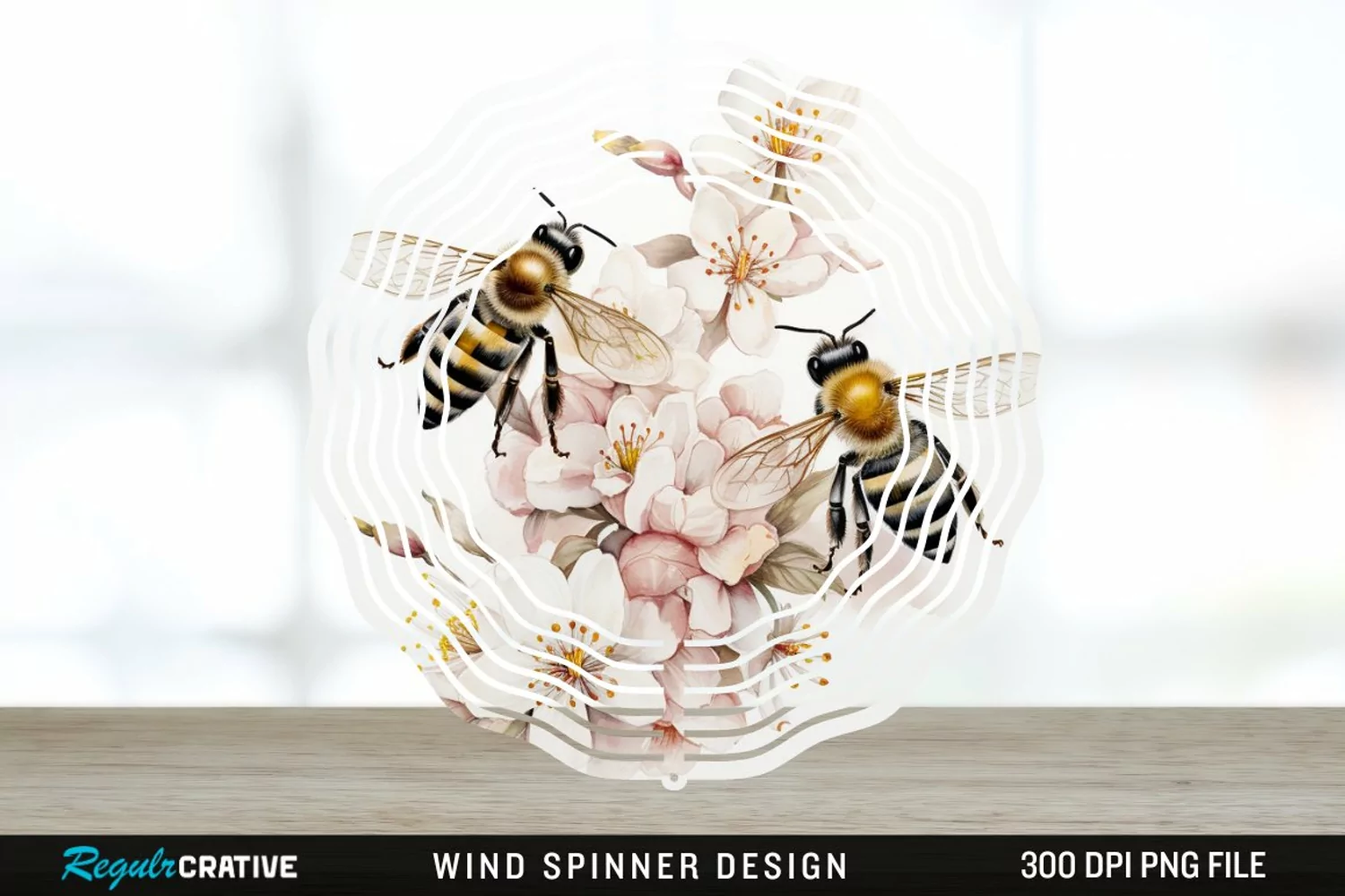 Japanese Watercolor Bees Wind Spinner Sublimation Design PNG product image 1