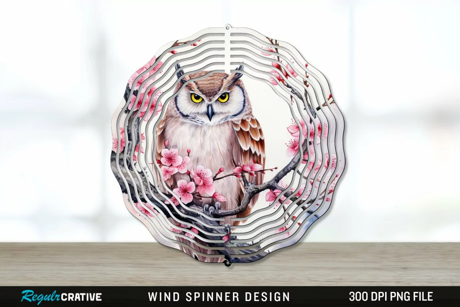 Japanese Watercolor Owl Wind Spinner Sublimation PNG Design product image 1