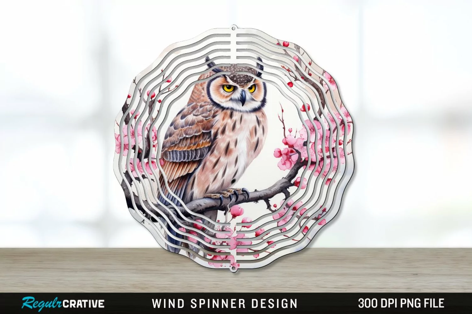Japanese Watercolor Owl Wind Spinner Sublimation PNG Design product image 1