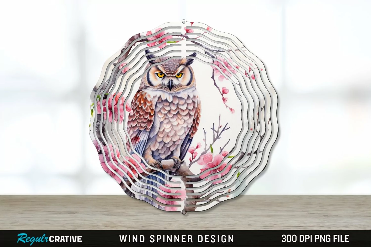 Japanese Watercolor Owl Wind Spinner Sublimation PNG Design product image 1