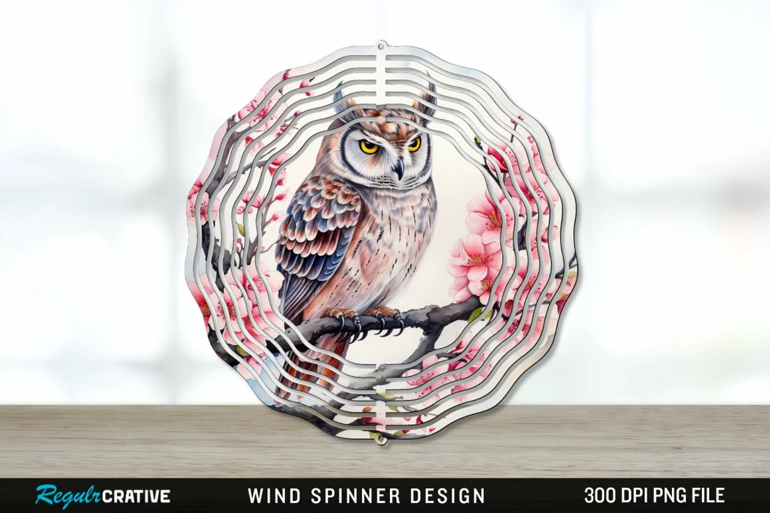 Japanese Watercolor Owl Wind Spinner Sublimation PNG Design product image 1