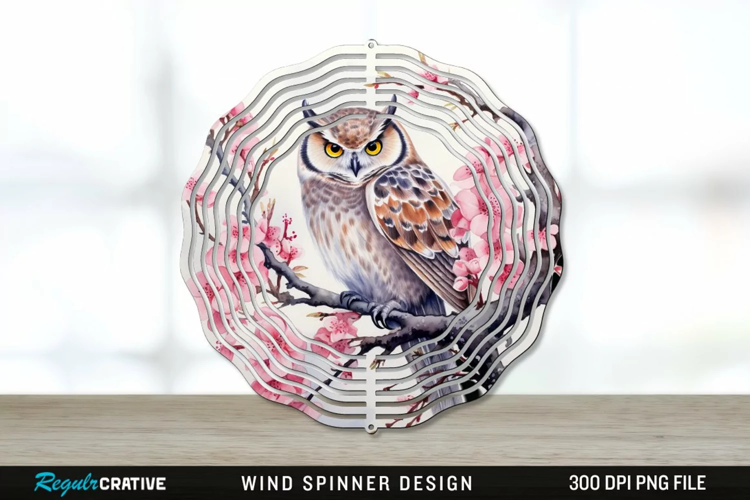 Japanese Watercolor Owl Wind Spinner Sublimation PNG Design product image 1