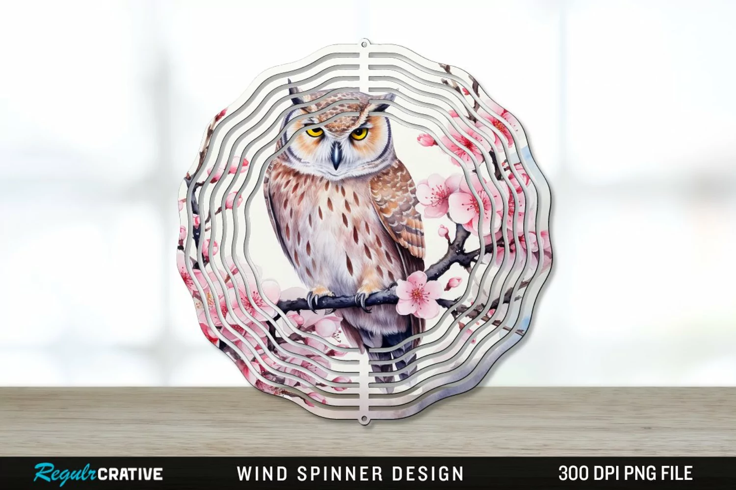 Japanese Watercolor Owl Wind Spinner Sublimation PNG Design product image 1