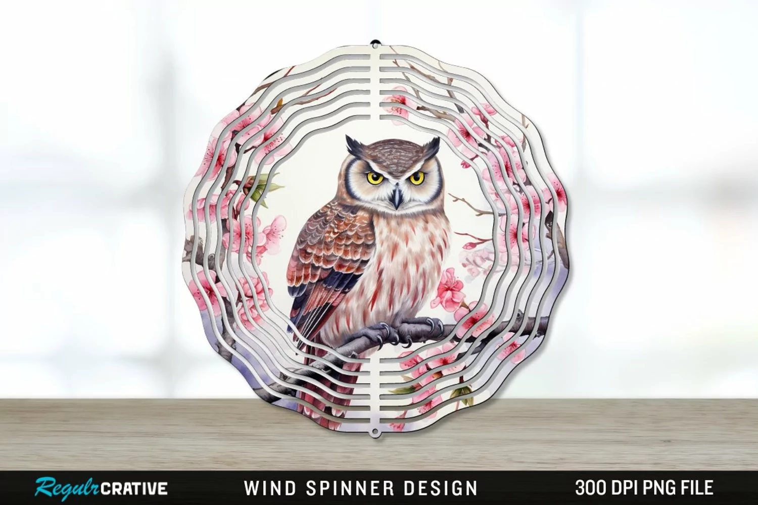 Japanese Watercolor Owl Wind Spinner Sublimation PNG Design product image 1