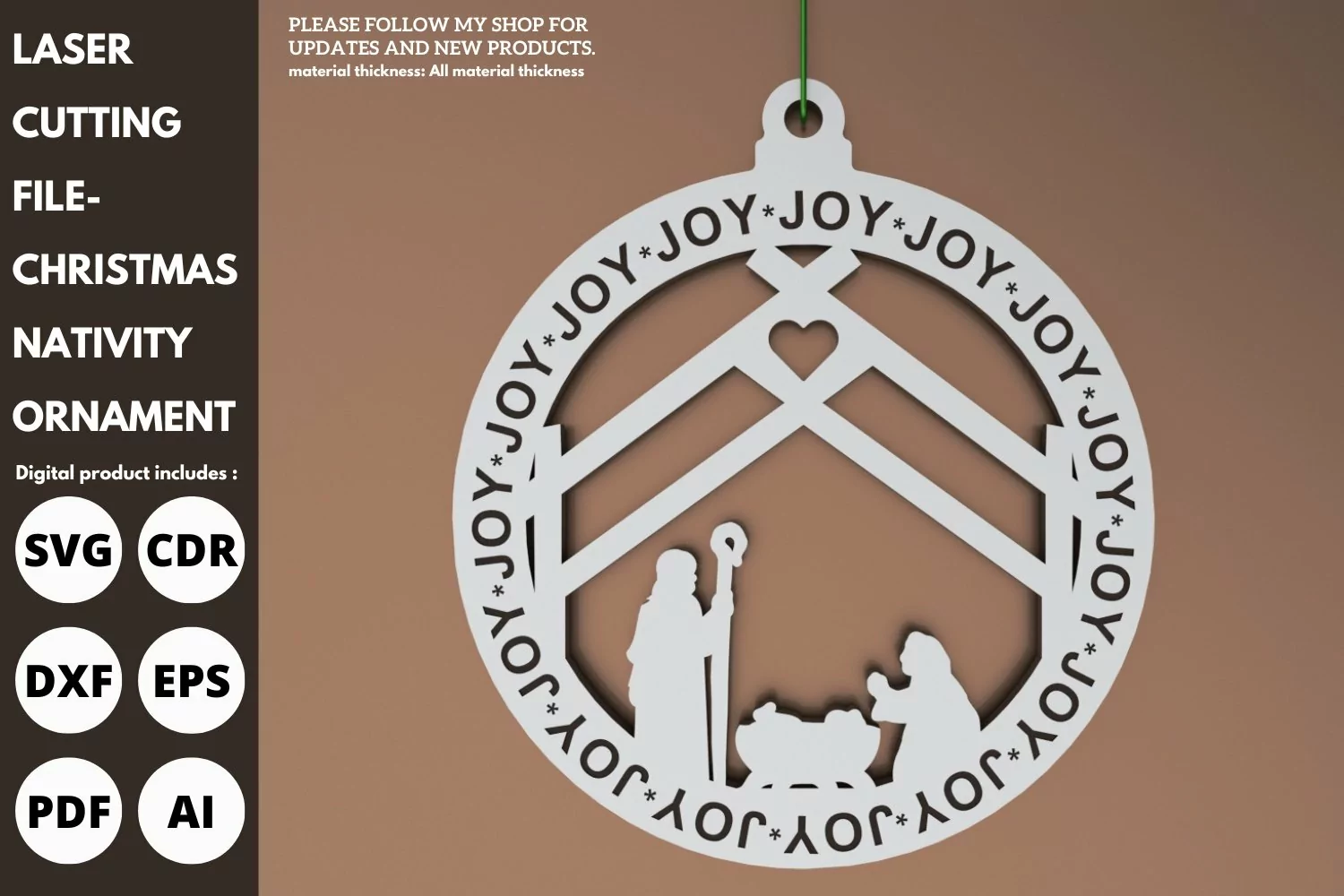 Joy Nativity Christmas Ornament, svg, laser cut file, paper product image 1