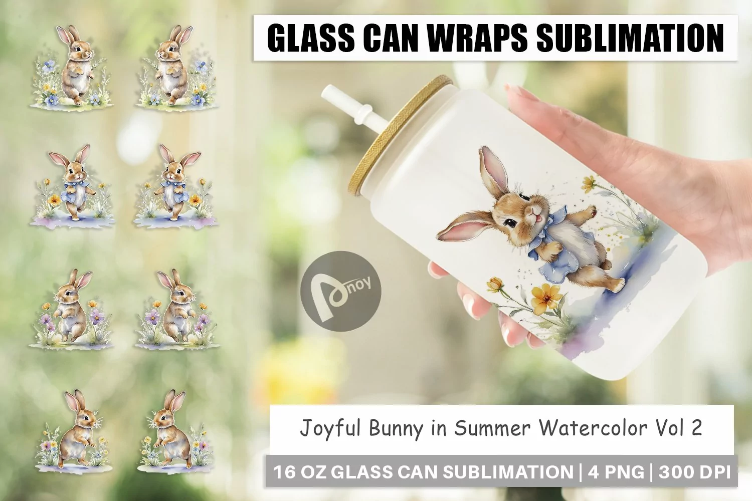 Glass Can Wraps Bunny in Summer Watercolor product image 1