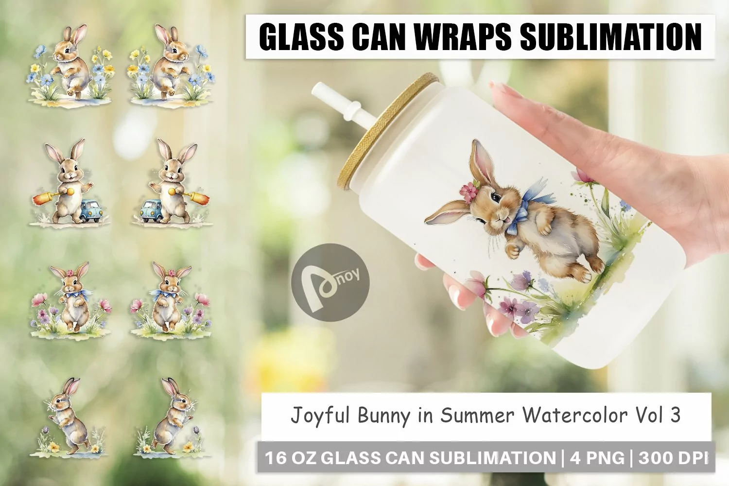 Glass Can Wraps Bunny in Summer Watercolor product image 1