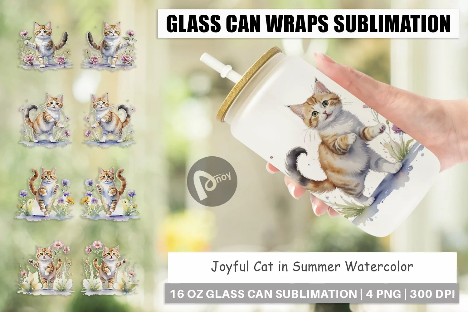 Glass Can Wraps Cat in Summer Watercolor product image 1