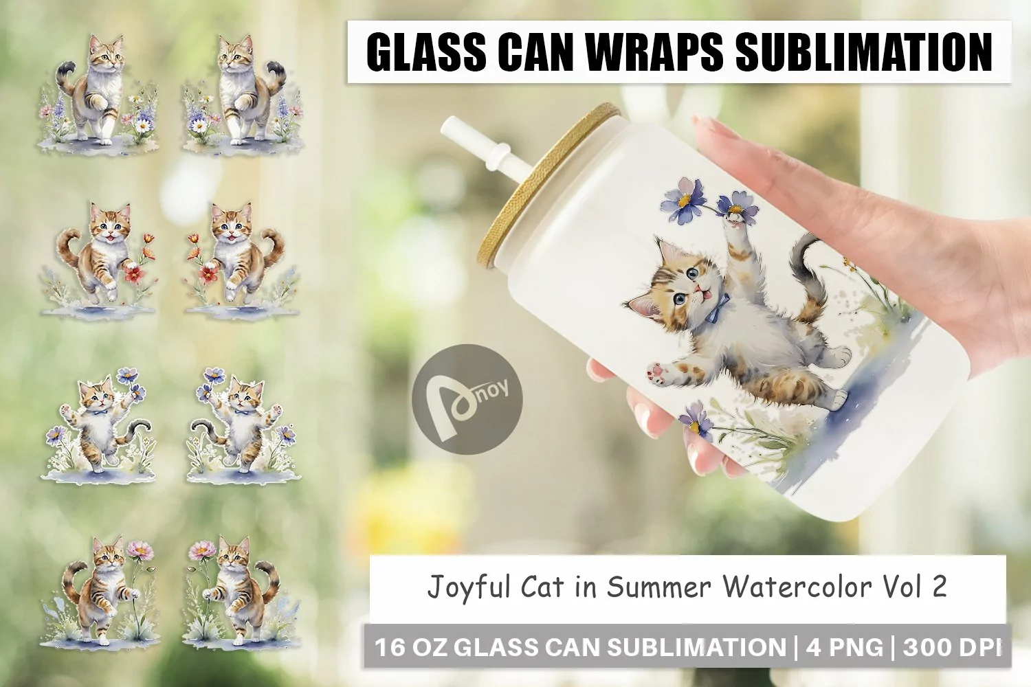 Glass Can Wraps Cat in Summer Watercolor product image 1